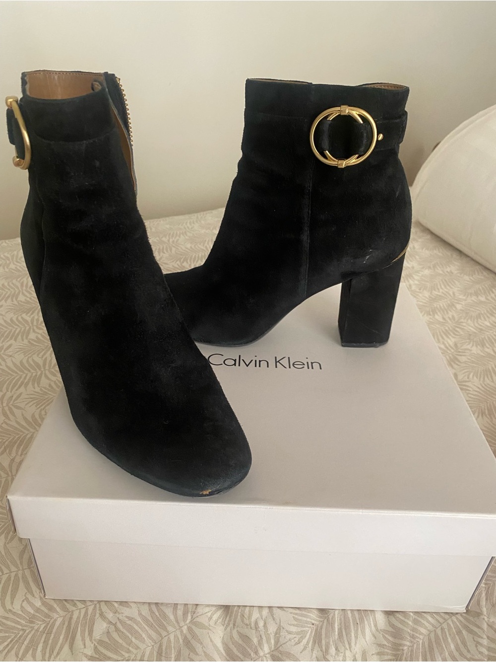 Calvin Klein Black Suede Ankle Booties with Gold Ring Detail